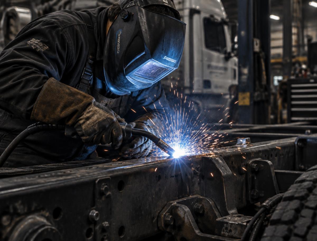 Technician carrying out welding work on a heavy vehicle chassis