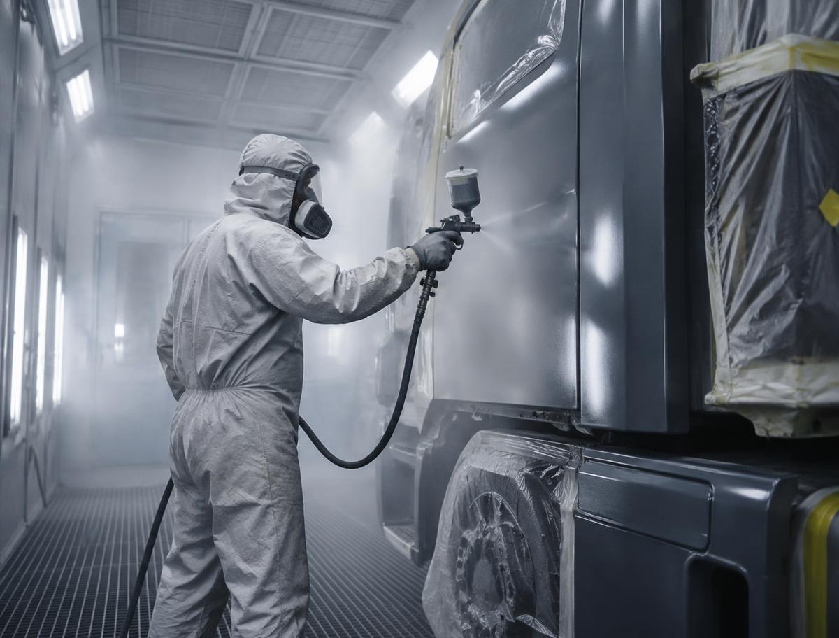 Spray painting a truck panel inside a paint booth
